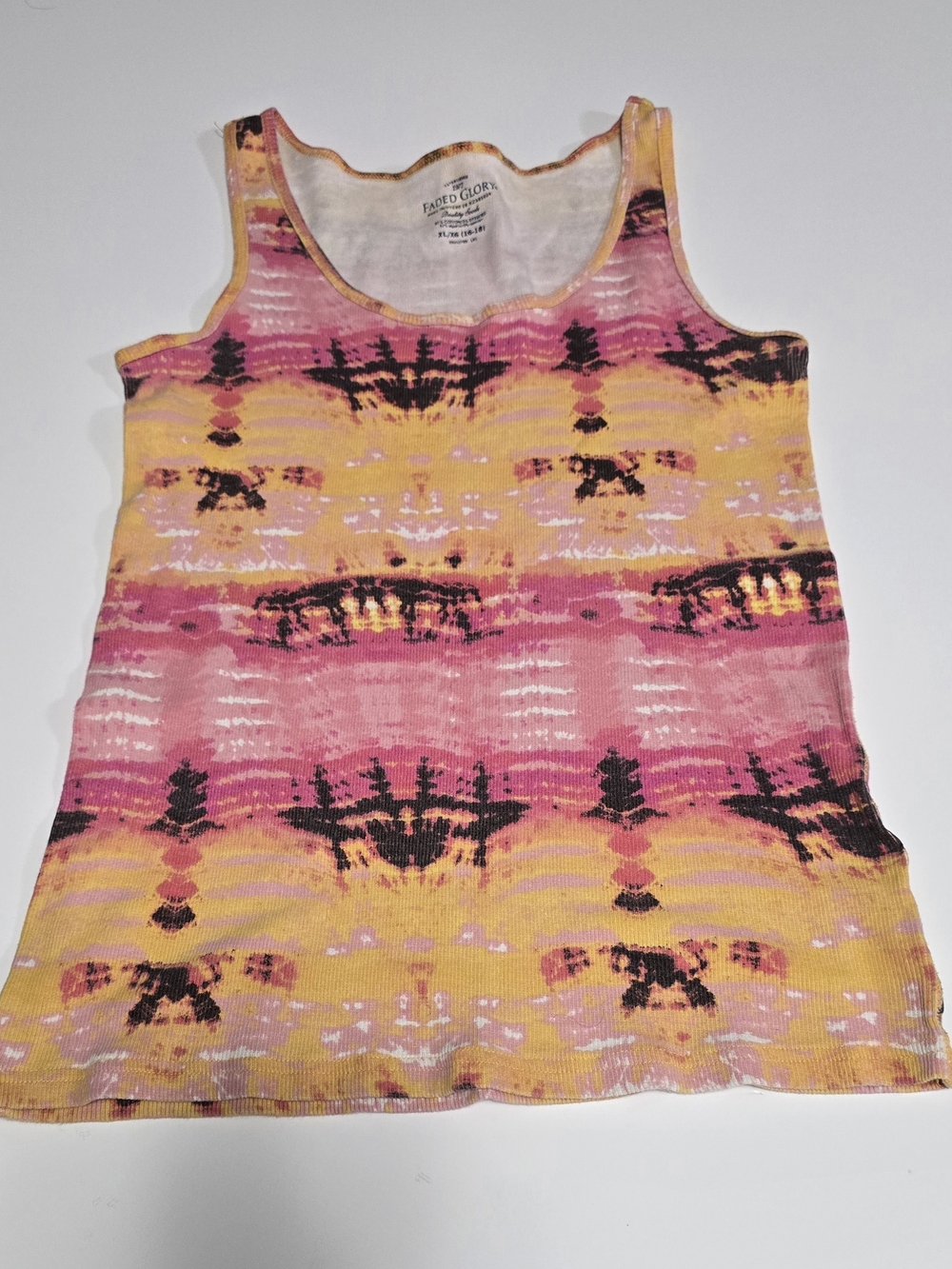 Faded Glory Pink Yellow Patterned Ribbed Tank